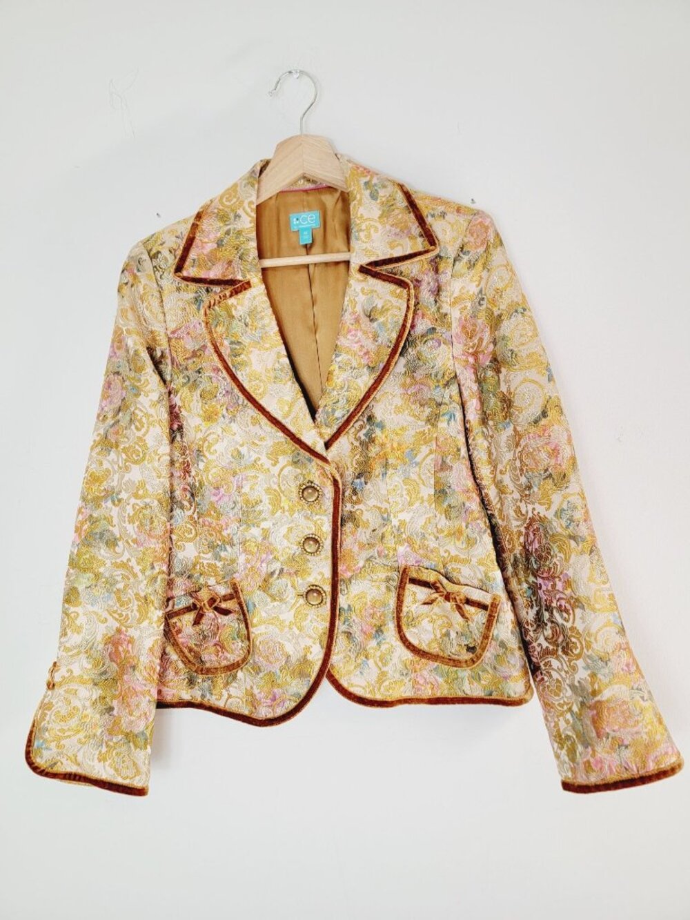 VTG 90s Classiques Entier Gold Metallic Brocade Tapestry Blazer M Velvet Trim